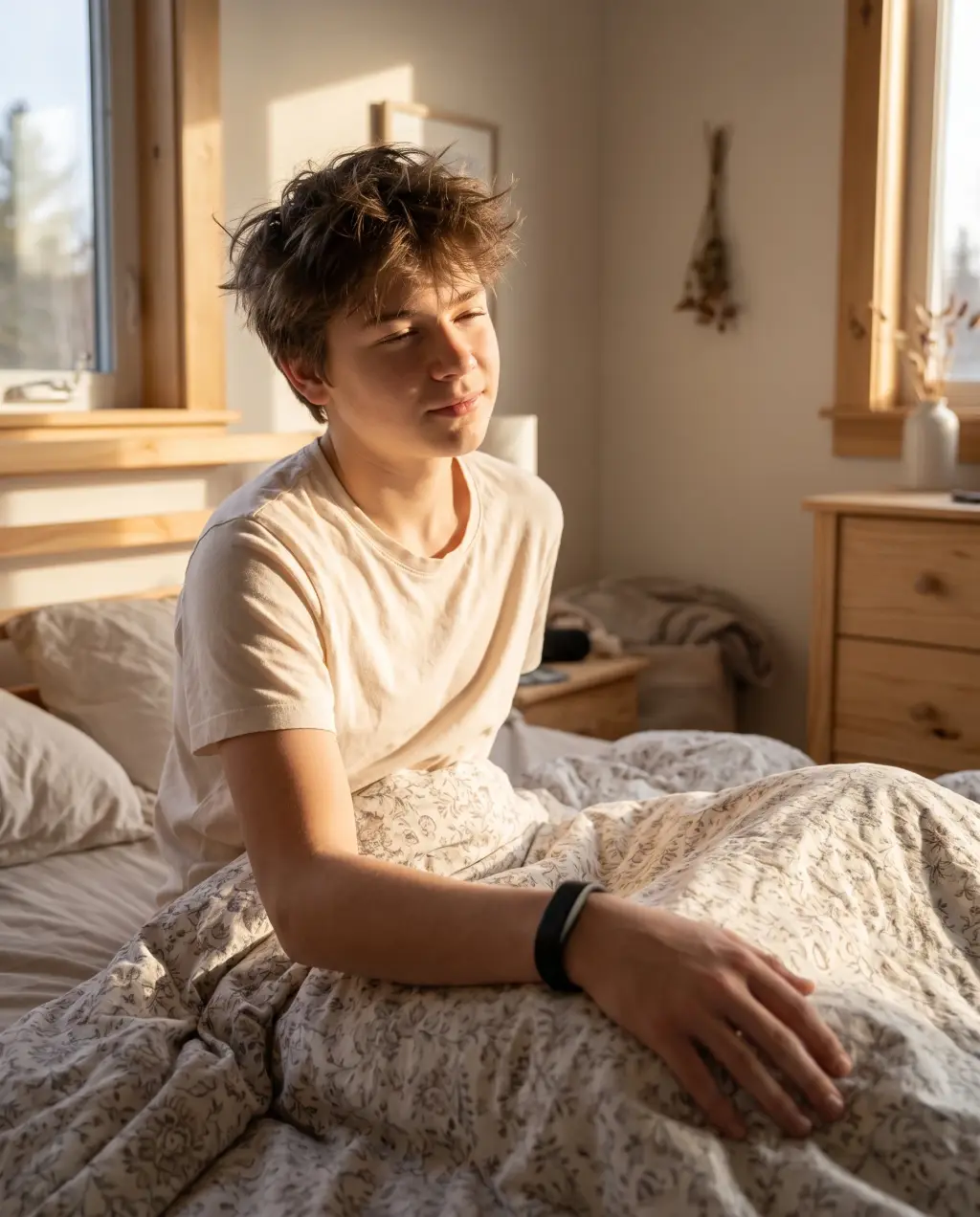 Teen sitting up on the edge of his bed in morning light, Dawn Band on his wrist